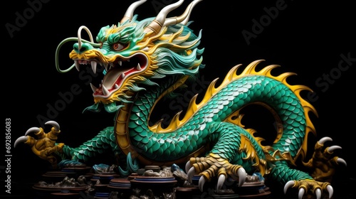 Chinese emerald dragon full body figure, vivid color background © shooreeq