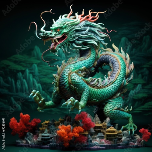 Chinese emerald dragon full body figure, vivid color background