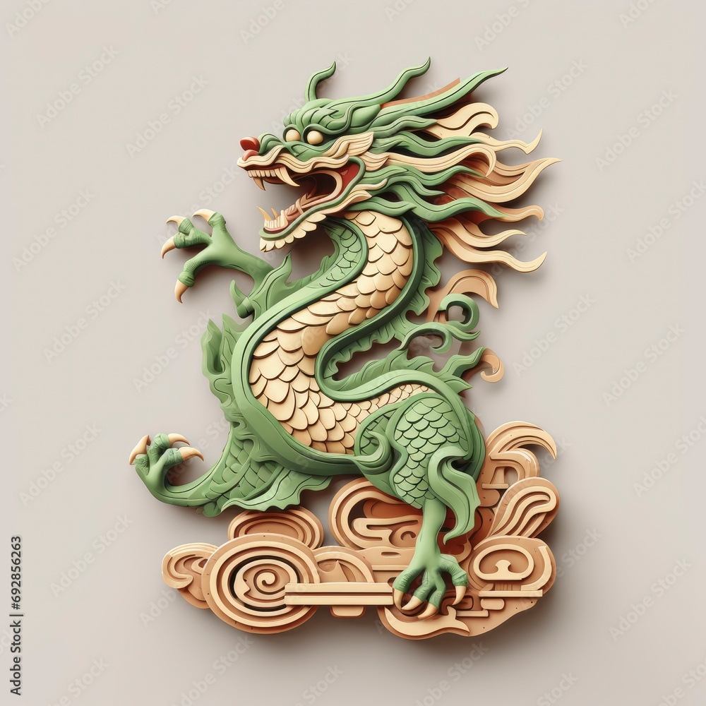 Fototapeta premium Chinese green wooden dragon figure isolated, 3D style, flat color background, greeting card