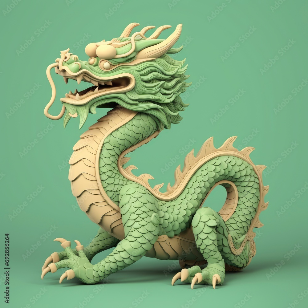 Fototapeta premium Chinese green wooden dragon figure isolated, 3D style, flat color background, greeting card