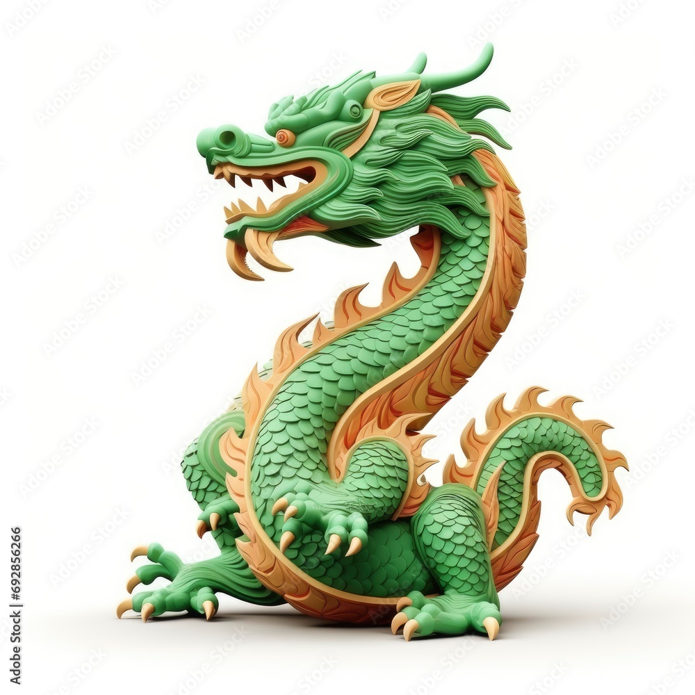 Fototapeta premium Chinese green wooden dragon figure isolated, 3D style, flat color background, greeting card