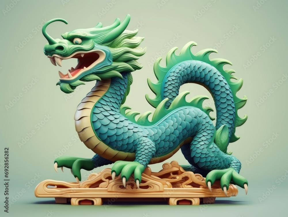 Obraz premium Chinese green wooden dragon figure isolated, 3D style, flat color background, greeting card