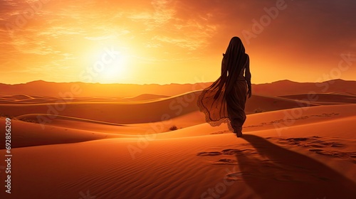 silhouette of beautiful arabic woman walking on the san