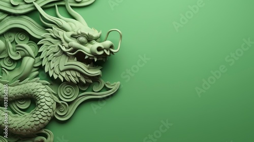 Chinese green wooden dragon, 3D minimalism style, colorful background, greeting card with free space for text photo
