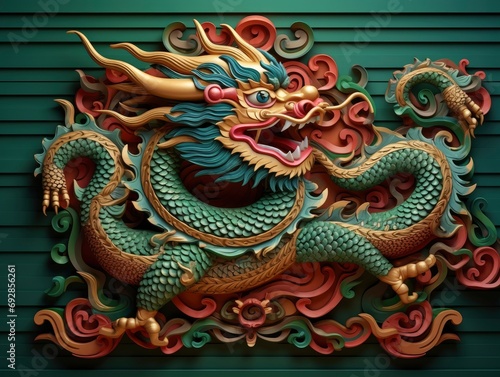 Wallpaper Mural Chinese green wooden dragon, 3D style, colorful background, greeting card with free space for text Torontodigital.ca
