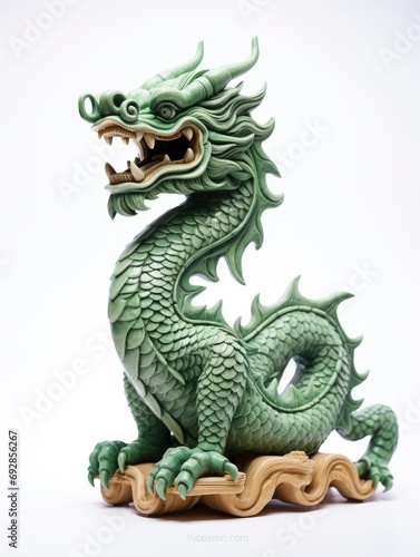 Chinese green wooden dragon full body clay figure, isolated on white background © shooreeq