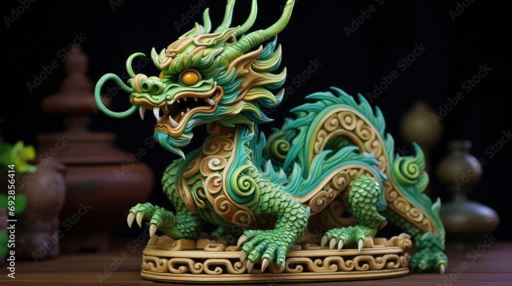 Chinese green wooden dragon full body clay figure, vivid color background