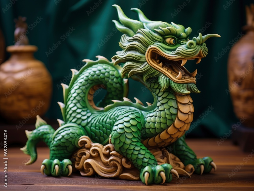 custom made wallpaper toronto digitalChinese green wooden dragon full body clay figure, bright solid color background