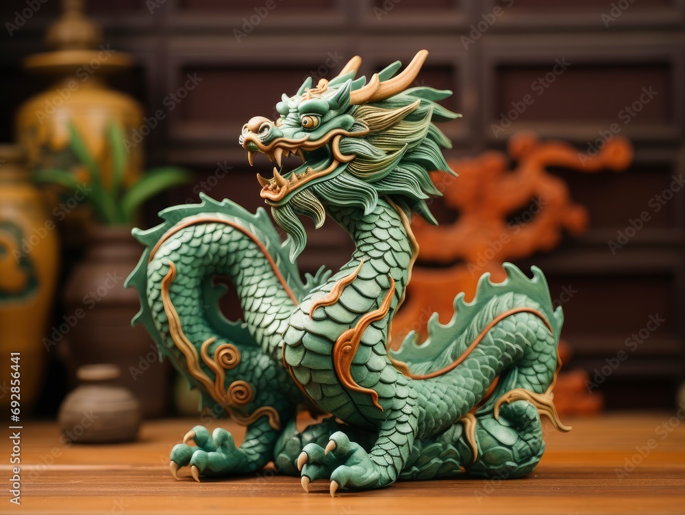 Chinese green wooden dragon full body clay figure, bright solid color background