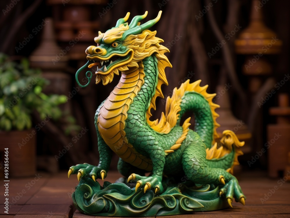 Chinese green wooden dragon full body clay figure, vivid color background Chinese green wooden dragon full body clay figure, vivid color background