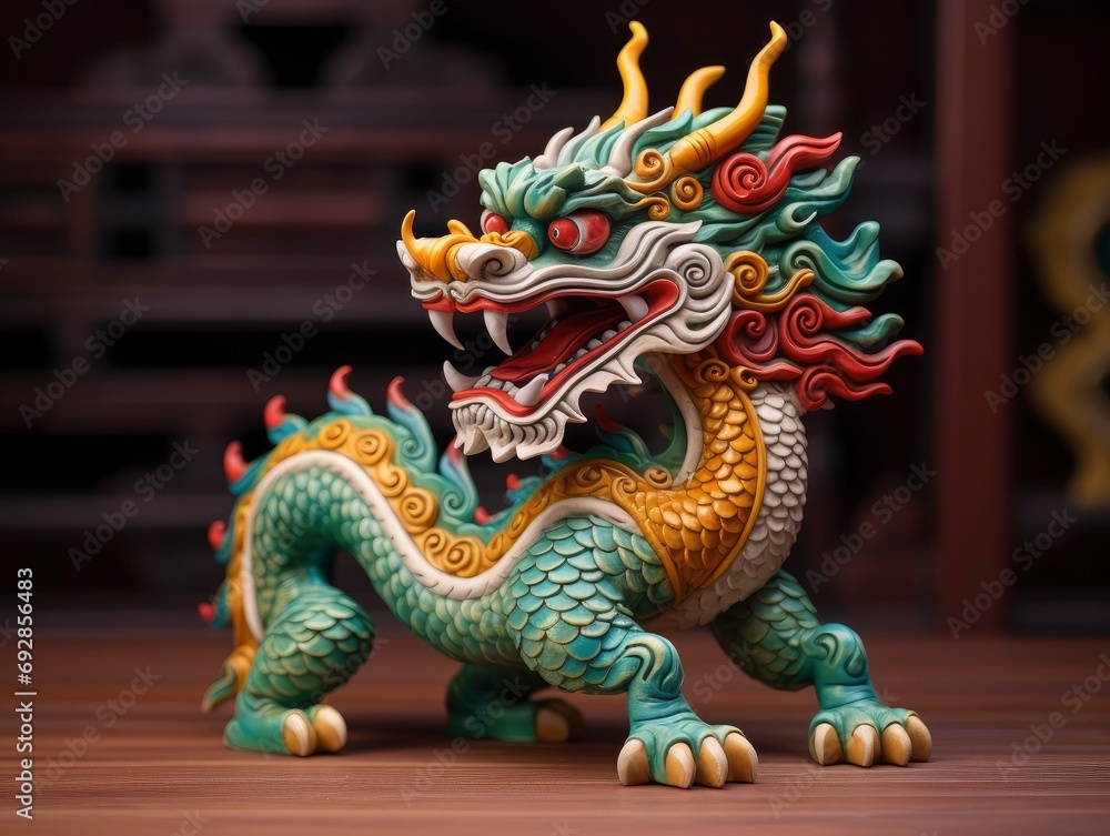 Fototapeta premium Chinese green wooden dragon full body clay figure, vivid color background