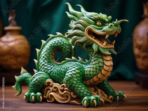 Chinese green wooden dragon full body clay figure, bright solid color background