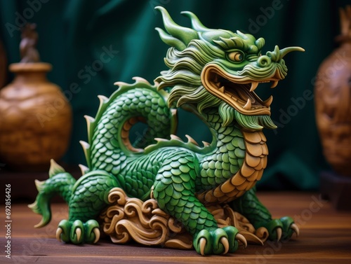 Wallpaper Mural Chinese green wooden dragon full body clay figure, bright solid color background Torontodigital.ca