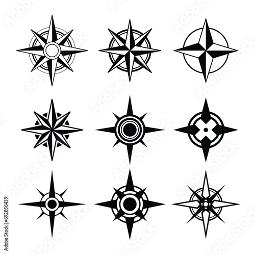 Wind Rose Compass Navigation Icons set collection, Vintage marine wind rose, nautical chart. Monochrome navigational compass with cardinal directions of North, East, South, West, cartography.