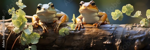 Two Relaxing Blue Beige Garden Frogs, Comic background, Background Banner