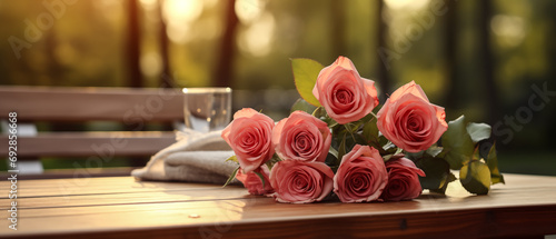 beautiful rose flowers on a wooden table - copy space