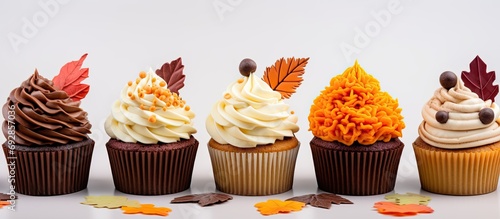 Autumn-themed assorted cupcakes with yellow and orange icing. photo