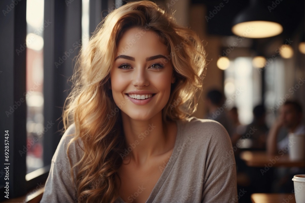 woman in cafe happiness smiling with coffee.