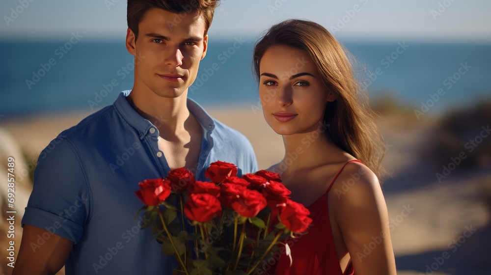 A young man stands holding a large bouquet of red roses in front of a woman in the hallway. The backdrop is the sea. A young man stands holding a large bouquet of red roses in front of a woman in the hallway. The backdrop is the sea.