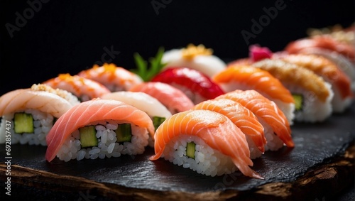Japanese sushi, [salmon nigiri] A mesmerizing image that beautifully captures the deliciousness of juicy salmon nigiri, showcasing the skill of food photography and the essence of gourm