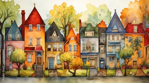 row houses trees path maple story city layers architecture murals illustration vignette colored neighborhood themed inhabited levels