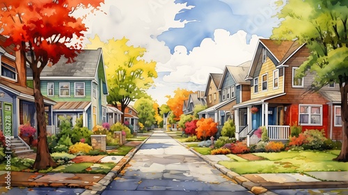 Wallpaper Mural suburban street houses trees fall maple story illustration americana architecture still tv series manga Torontodigital.ca