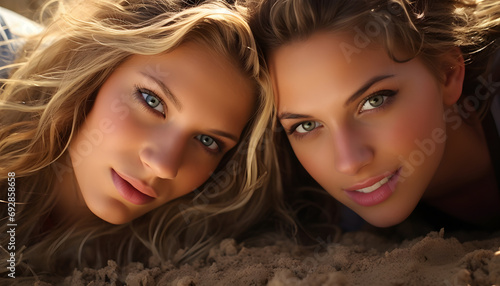Beautiful loving young lesbian couple selfie in the middle of the beach photo