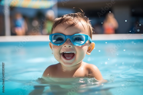 Cute little boy smiling in sunglasses in the pool on a sunny day. Cute baby boy with goggles in the swimming pool having fun. Summer vacation concept. © ImaginaryInspiration