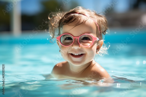 Cute little boy smiling in sunglasses in the pool on a sunny day. Cute baby boy with goggles in the swimming pool having fun. Summer vacation concept.