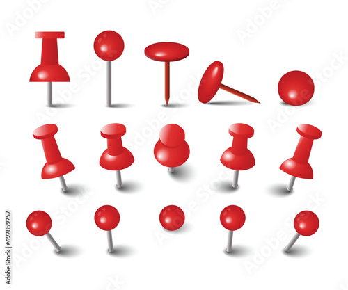 Set of Realistic Red Push Pin with shadow Collection, Thumbtacks with various view, Isolated on white background, needles stationery items or metal plastic sewing accessories. vector illustration