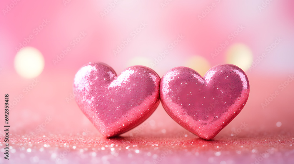 Two pink hearts made of sweet candy sit atop a soft pink background, evoking feelings of love and indulgence on valentine's day