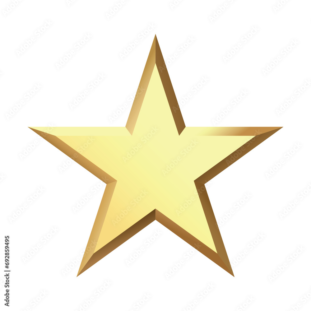 Obraz premium Golden Christmas 3d Star metal glossy bright shine five angle star shape isolated on white Background. Icon for holiday design element.