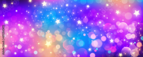 Rainbow unicorn background. Pastel glitter pink fantasy galaxy. Magic mermaid sky with bokeh. Holographic kawaii abstract space with stars and sparkles. Vector