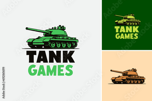 Tank Games logo design template. Perfect for gaming websites, military-themed designs, or any content relating to armored vehicles and video games. photo