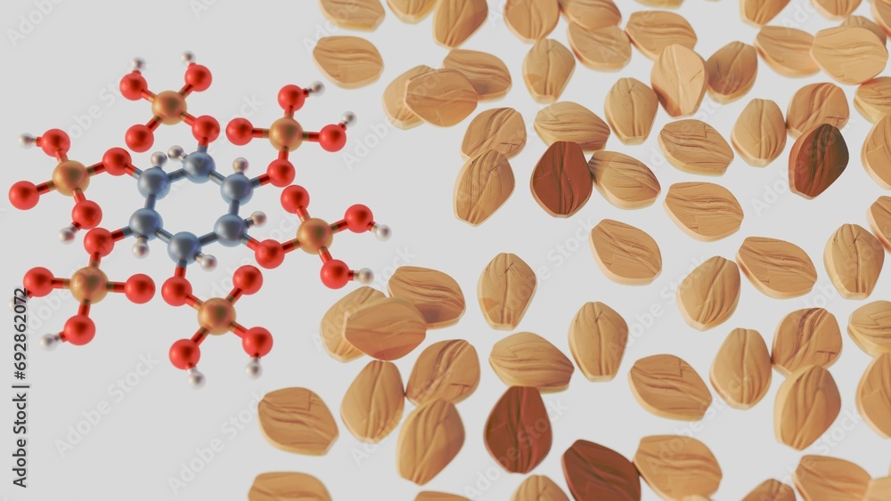 3d rendering of Phytate, also known as phytic acid It's found in seeds, nuts, legumes, and unprocessed whole grains 3d rendering of Phytate, also known as phytic acid It's found in seeds, nuts, legumes, and unprocessed whole grains