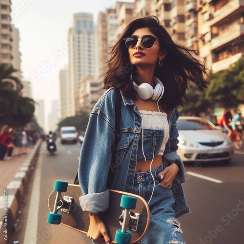 Indian young woman with a skateboard  photo