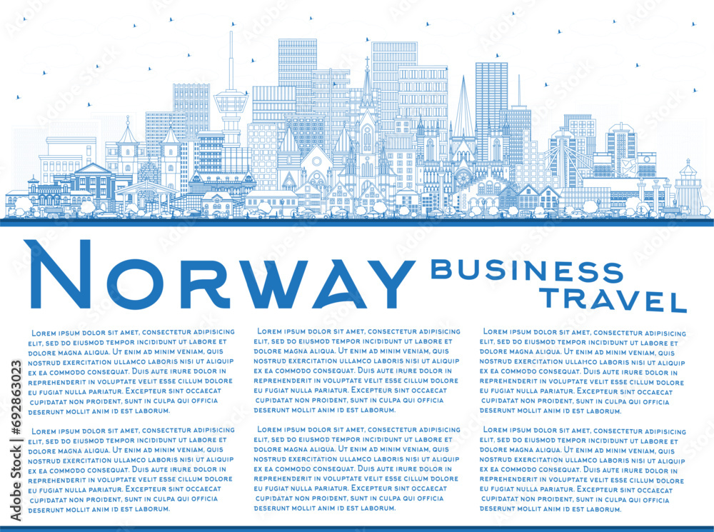 Outline Norway city skyline with blue buildings and copy space. Concept with historic and modern architecture. Norway cityscape with landmarks. Oslo. Stavanger. Trondheim. Bergen.