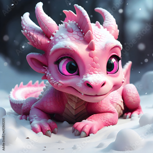 a cute little pink dragon cub laying down in the snow, adorable digital painting, dream animal cute eyes, 3d. ai generative