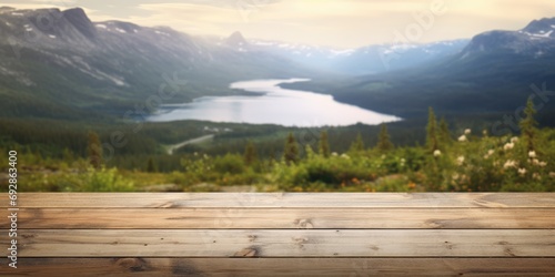 The empty wooden brown table top with blur background of Norway nature landscape. Exuberant image. generative AI