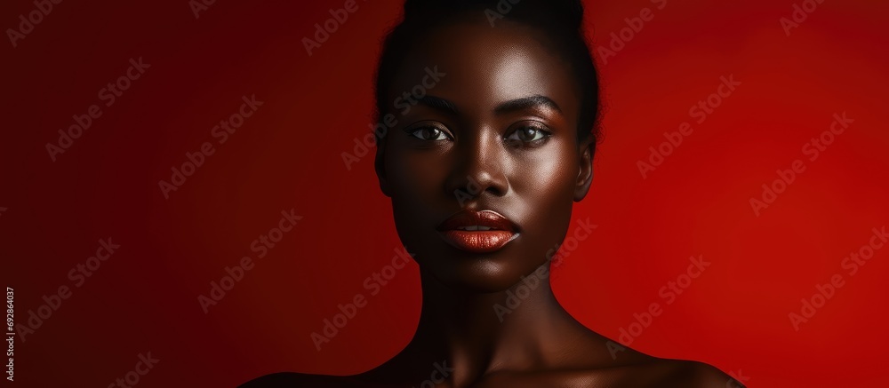 A woman with dark skin wearing red. A woman with dark skin wearing red.