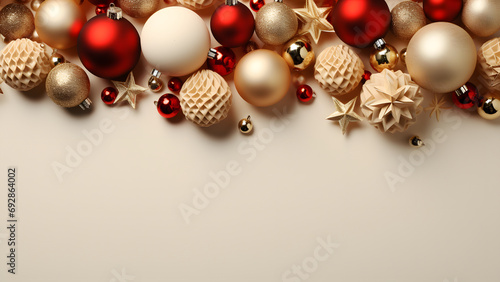 Wallpaper with Christmas decorations on a warm monochromatic beige background. Copy space. 