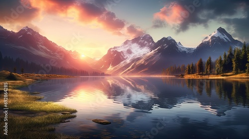 sunset in the mountains at calm lake that creates © paisorn