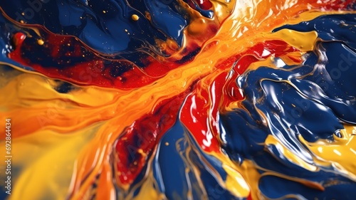 The close up of a glossy liquid surface abstract in navy blue, golden yellow, and deep red colors with a soft focus. 3D illustration of exuberant. generative AI