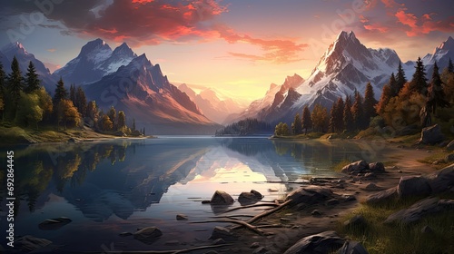 sunset in the mountains at calm lake that creates © paisorn