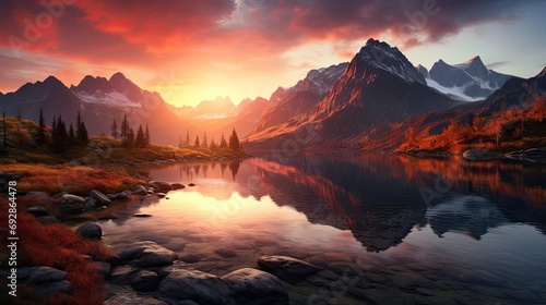 sunset in the mountains at calm lake that creates