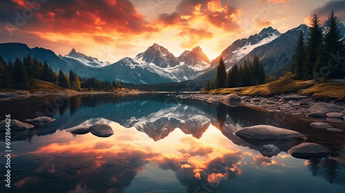 sunset in the mountains at calm lake that creates