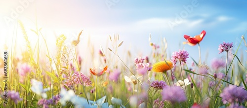 Flourishing summer grasses, vibrant wildflowers, meadow herbs, field blossom, nature's beauty, blooming outdoors, splendid scenery, lush growth, clear sky. photo