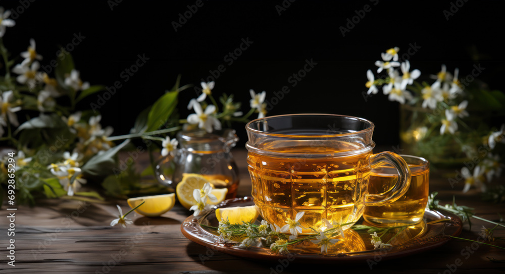 chamomile tea, transparent cup, on the rustic wooden table chamomile tea, transparent cup, on the rustic wooden table
