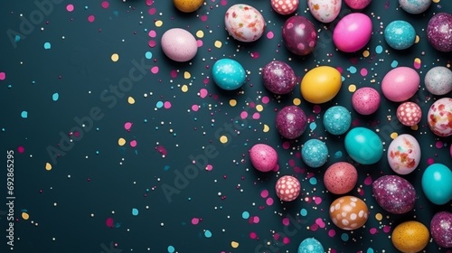 a top view flat lay easter background border with copy space in the middle: dark green table surface, colored eggs and spring decoration