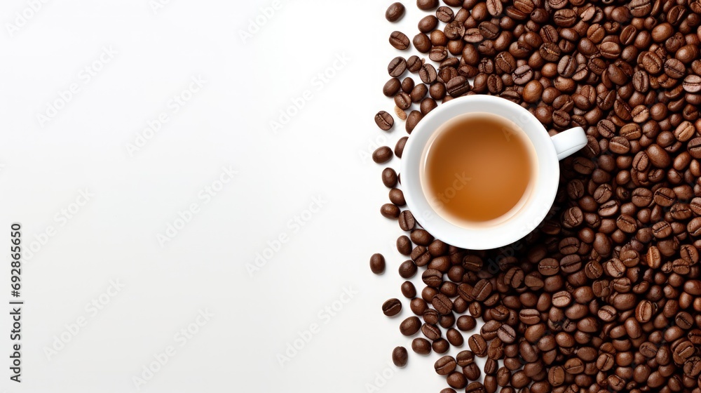 Arrangement of coffee beans and a coffee cup with space for copy. Arrangement of coffee beans and a coffee cup with space for copy.
